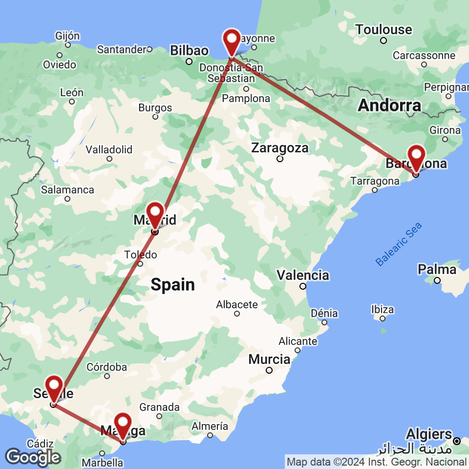 Route for Barcelona, San Sebastian, Madrid, Seville, Malaga tour